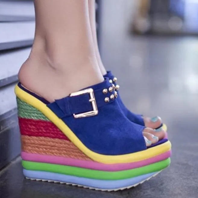 Women's peep toe rainbow platform wedge clogs sandals