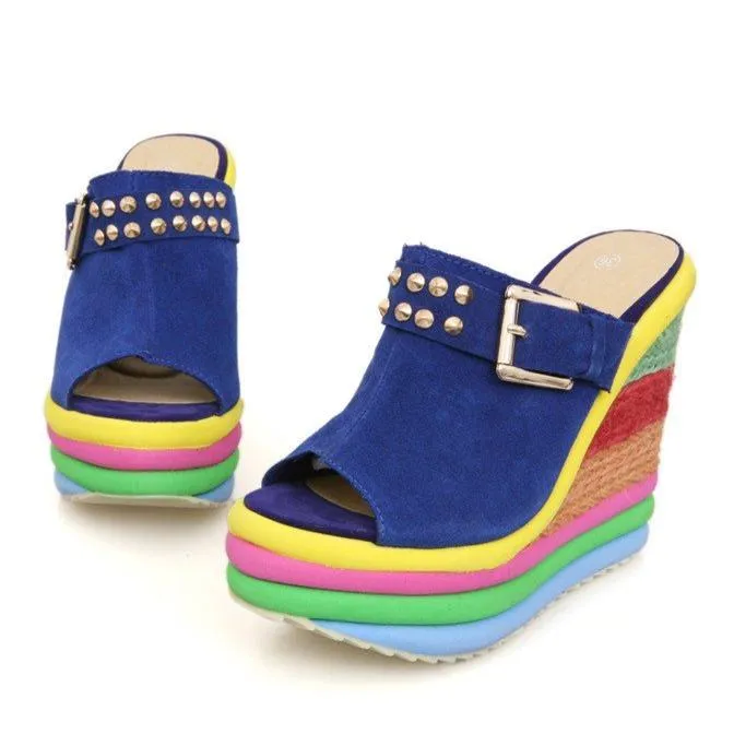 Women's peep toe rainbow platform wedge clogs sandals