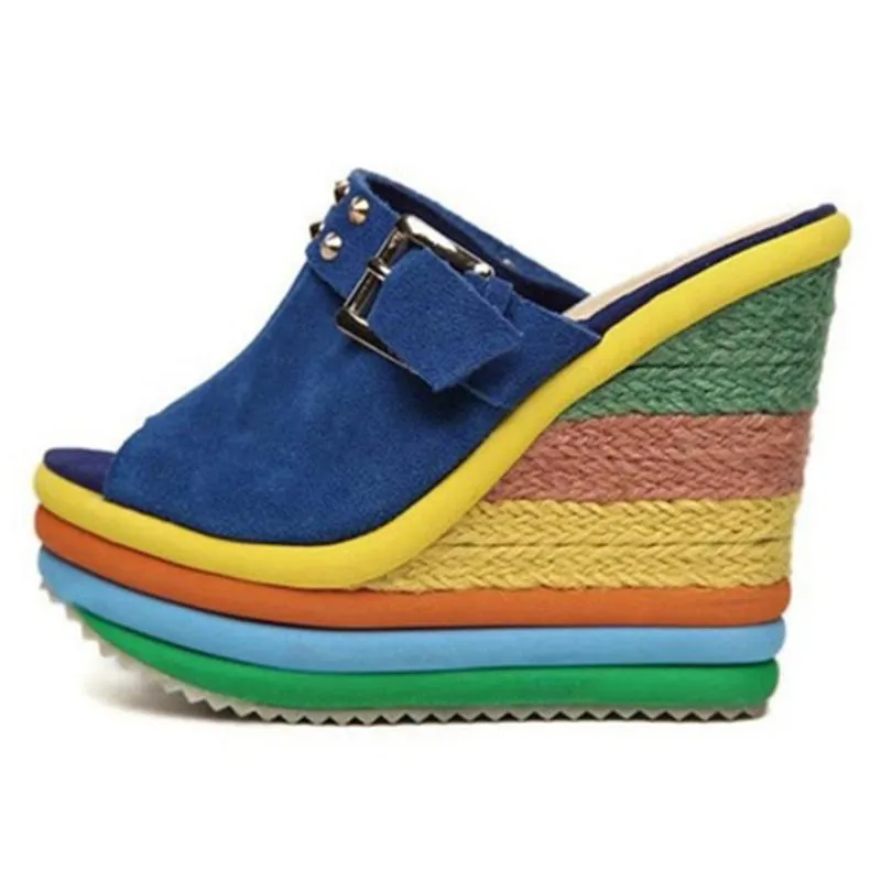 Women's peep toe rainbow platform wedge clogs sandals