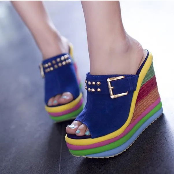 Women's peep toe rainbow platform wedge clogs sandals