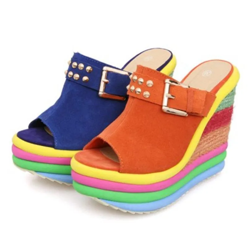 Women's peep toe rainbow platform wedge clogs sandals