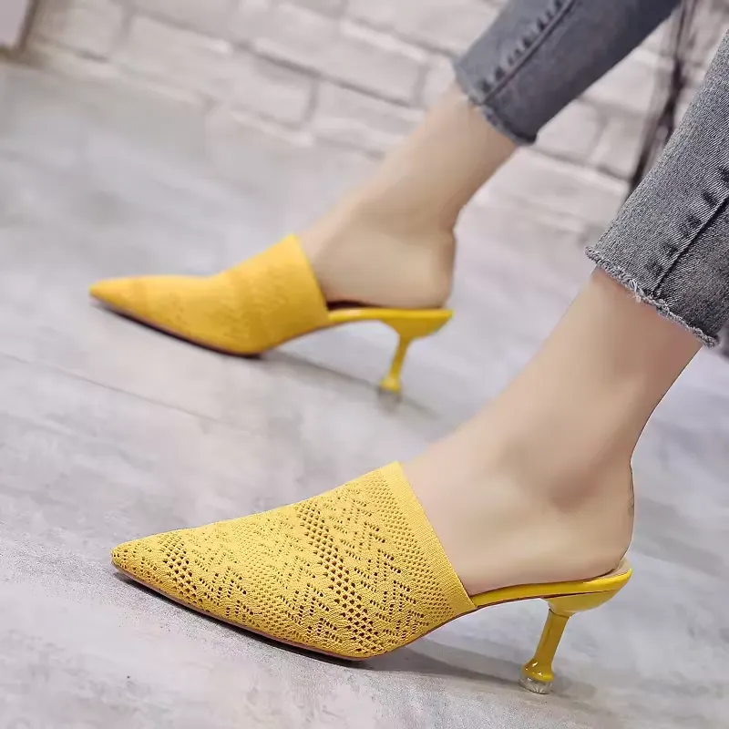 Women's Pointed Toe Knit Half Heeled Slippers