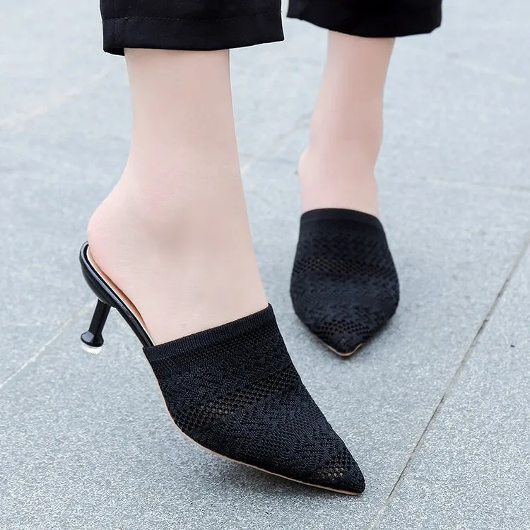 Women's Pointed Toe Knit Half Heeled Slippers