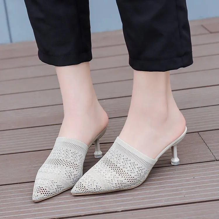 Women's Pointed Toe Knit Half Heeled Slippers