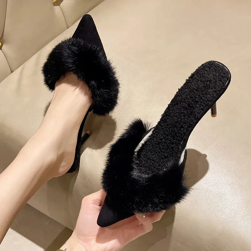 Xajzpa Spring Faux Fur Mules Slippers Women Pointed Toe Slip-On Thin Heels Sandals Woman Short Plush Lined Closed Toe Slides Shoes