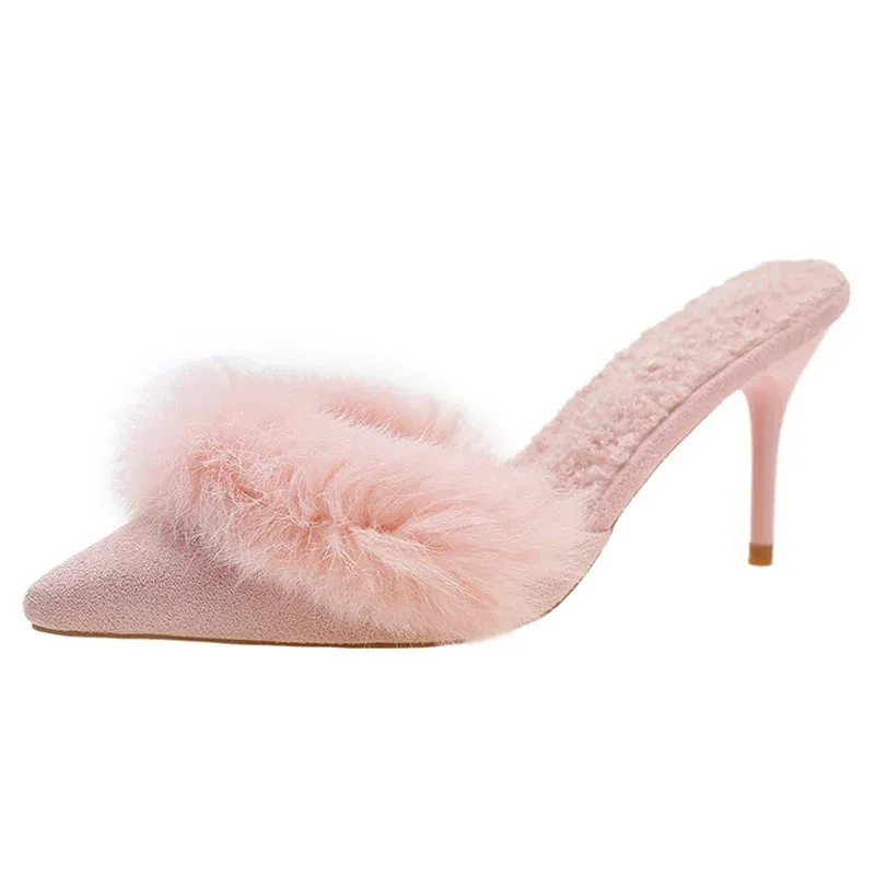 Xajzpa Spring Faux Fur Mules Slippers Women Pointed Toe Slip-On Thin Heels Sandals Woman Short Plush Lined Closed Toe Slides Shoes