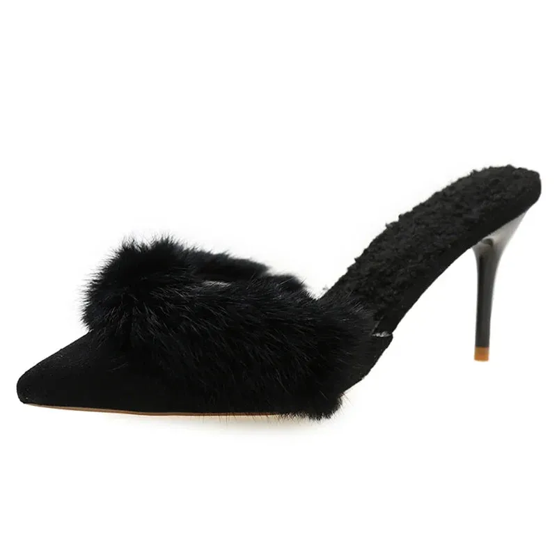 Xajzpa Spring Faux Fur Mules Slippers Women Pointed Toe Slip-On Thin Heels Sandals Woman Short Plush Lined Closed Toe Slides Shoes