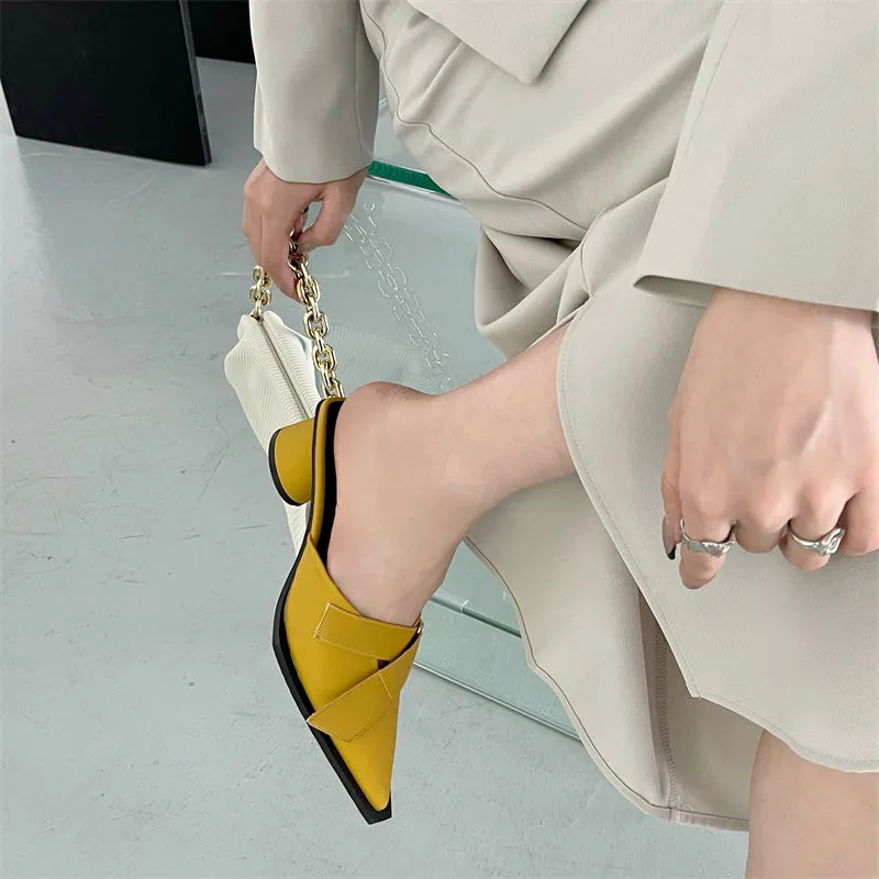 xiangtuibao Fashion Solid PU Turned-over Edge Pointed Toe Mid Heel Women Mules Concise Shallow Slip-On Slipper  Summer New 35-39