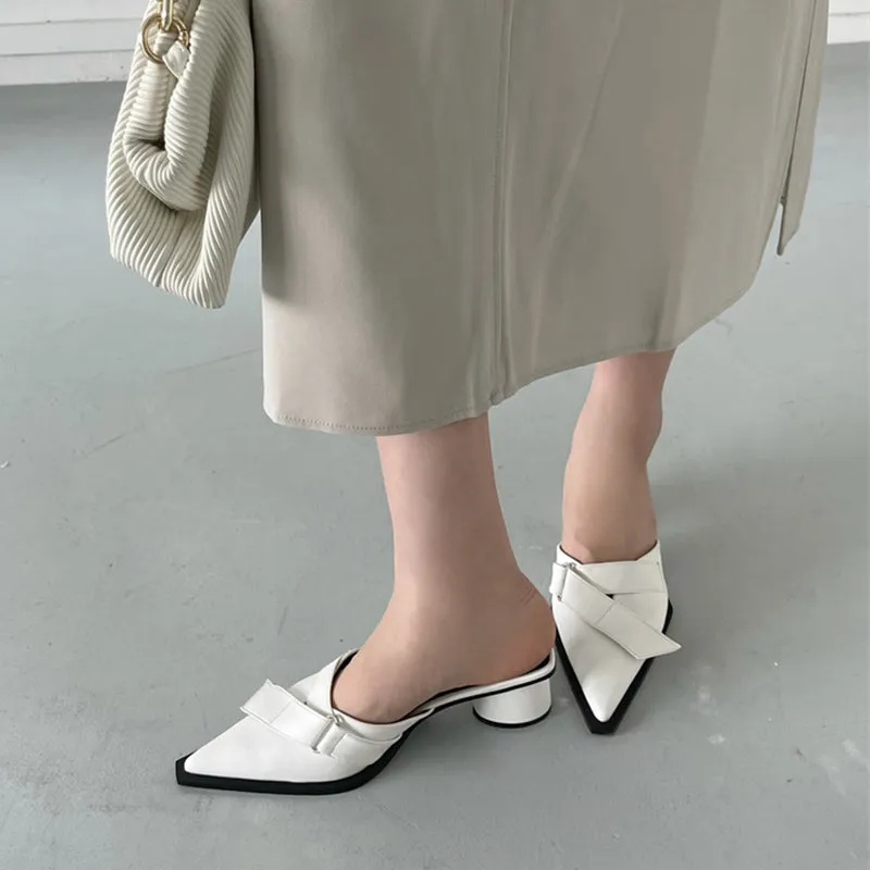 xiangtuibao Fashion Solid PU Turned-over Edge Pointed Toe Mid Heel Women Mules Concise Shallow Slip-On Slipper  Summer New 35-39