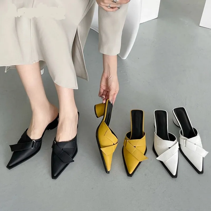 xiangtuibao Fashion Solid PU Turned-over Edge Pointed Toe Mid Heel Women Mules Concise Shallow Slip-On Slipper  Summer New 35-39