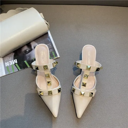 xiangtuibao   New Rivet Pointed Thin Heel Baotou Half Slipper Female Middle Heel Shallow Mouth Lazy Mueller Shoes