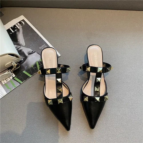 xiangtuibao   New Rivet Pointed Thin Heel Baotou Half Slipper Female Middle Heel Shallow Mouth Lazy Mueller Shoes