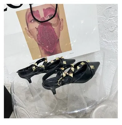 xiangtuibao   New Rivet Pointed Thin Heel Baotou Half Slipper Female Middle Heel Shallow Mouth Lazy Mueller Shoes