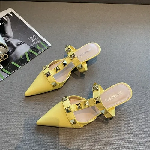 xiangtuibao   New Rivet Pointed Thin Heel Baotou Half Slipper Female Middle Heel Shallow Mouth Lazy Mueller Shoes