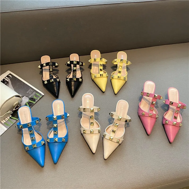 xiangtuibao   New Rivet Pointed Thin Heel Baotou Half Slipper Female Middle Heel Shallow Mouth Lazy Mueller Shoes