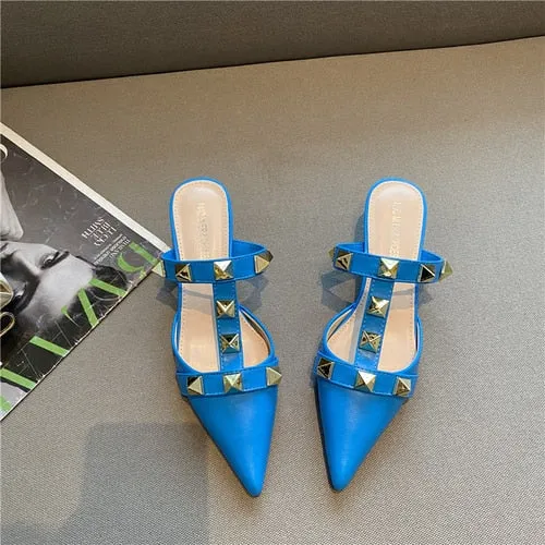 xiangtuibao   New Rivet Pointed Thin Heel Baotou Half Slipper Female Middle Heel Shallow Mouth Lazy Mueller Shoes