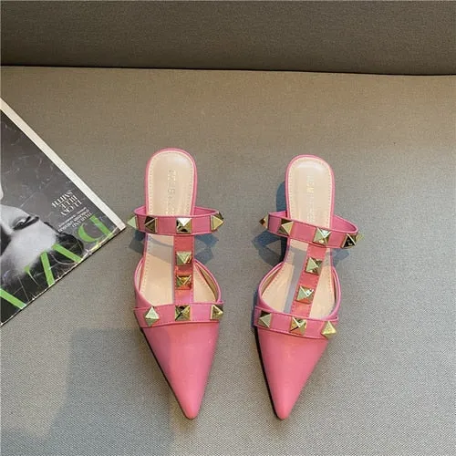 xiangtuibao   New Rivet Pointed Thin Heel Baotou Half Slipper Female Middle Heel Shallow Mouth Lazy Mueller Shoes