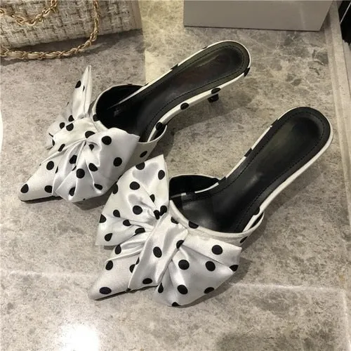 xiangtuibao   New Spring Slippers Women's Korean-Style Pointed Polka Dot Bow Stiletto Mid-Heel Low Heel Slippers Polka Dot Half Slippers