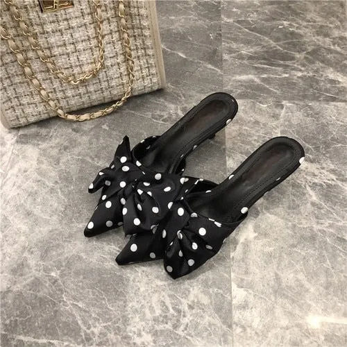 xiangtuibao   New Spring Slippers Women's Korean-Style Pointed Polka Dot Bow Stiletto Mid-Heel Low Heel Slippers Polka Dot Half Slippers