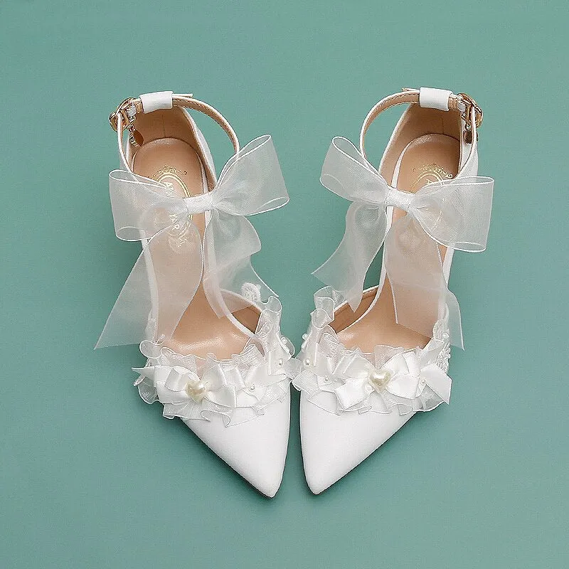 xiangtuibao Pointed Baotou Hollow Slotted Sweet Women's Shoes Chiffon Bowknot Removable Wrist Strap Bridesmaid High Heel Sandals